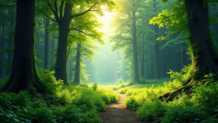 Obraz premium A serene forest path surrounded by lush forest plants, with sunlight filtering through the trees.