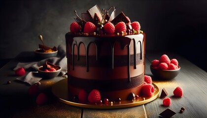 Luxurious chocolate cake with glossy ganache and gold dust, elegant dessert styling