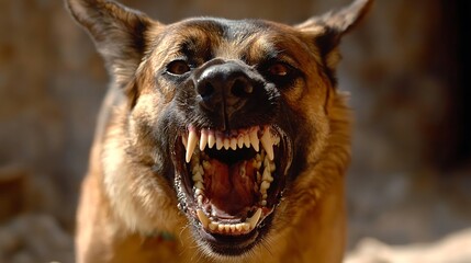 Aggressive German Shepherd dog snarling, showing teeth.