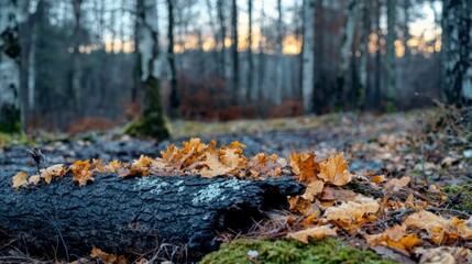 Obraz premium Autumn Forest Floor Fallen Leaves on Log Nature Scene