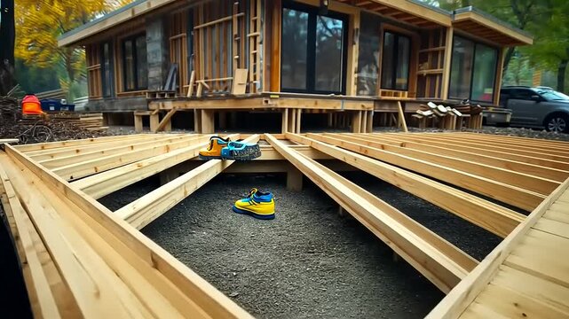 Construction of a wooden deck at a house site