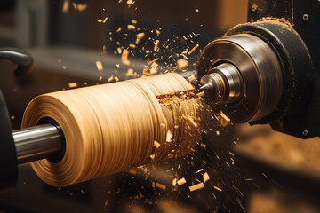 Milling wood on a lathe in close up background.