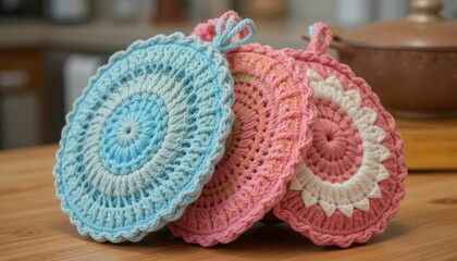 Obraz premium Colorful Handcrafted Crochet Pot Holders on Wooden Kitchen Table