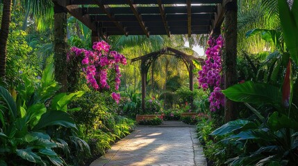 Obraz premium Lush tropical garden path with wooden archway and flowers flourishing