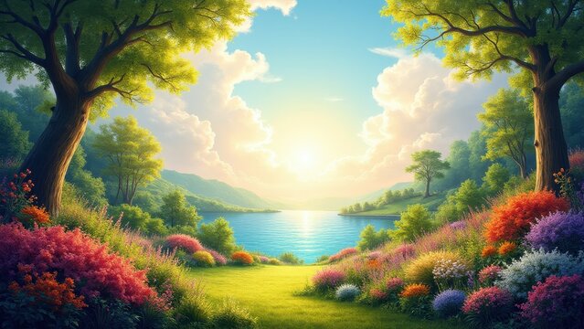 A serene garden of Eden painting with vibrant flowers, lush greenery, and a tranquil lake under a bright sky.