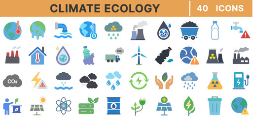 Fototapeta premium Climate Ecology Line Icons Set – Global Warming, Pollution, Renewable Energy, Carbon Emissions, Sustainability, Recycling, Environmental Protection, and Climate Change