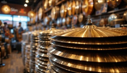 Stacked Cymbals in a Music Store with Natural Light and Merchandise