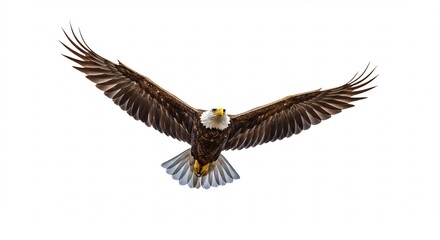 Fototapeta premium Majestic bald eagle powerfully soars against bright sunlight showcasing impressive wingspan. AI Generated