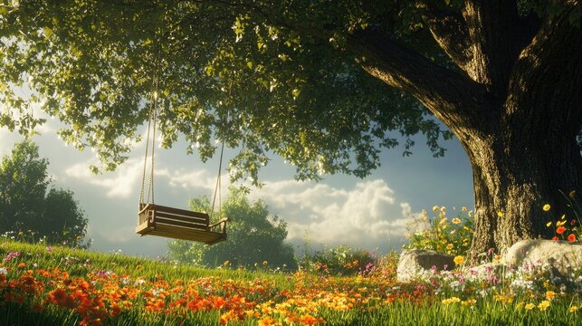 A wooden swing hangs beneath a large tree in a meadow