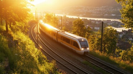 Fototapeta premium Scenic Sunset Train Journey Along Serene Curved Railway Tracks