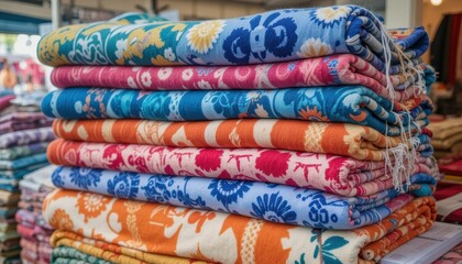 Colorful Fabrics Stacked Neatly at Market Stall for Creative Projects