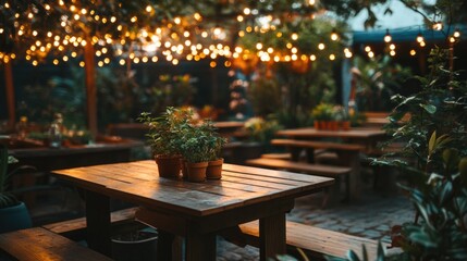 Wooden tables and potted herbs under decorative string lights outdoors