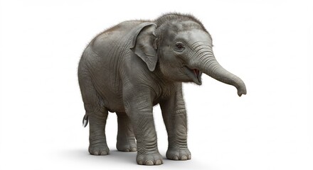 Obraz premium Adorable baby elephant playfully stands against bright white background. AI Generated
