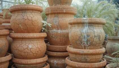 Cracked Clay Pots Stacked in a Greenhouse for Garden Decor