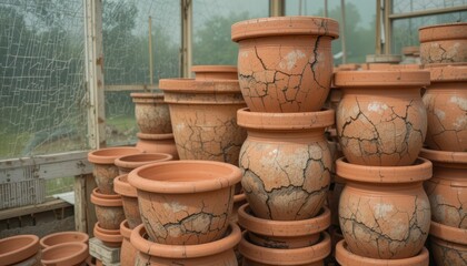 Naklejka premium Stacked Terracotta Pots with Cracks in a Garden Greenhouse