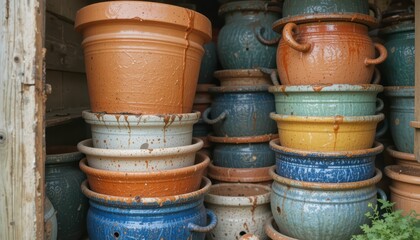 Stacked Clay Pots in Various Colors and Sizes on Wooden Shelves