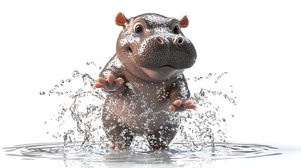 Playful Chubby Baby Hippo Splashing Water Joyfully