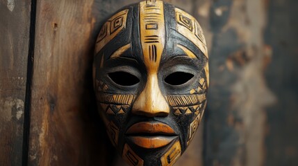 Mystic African Mask. Carved Traditional Art Against A Rustic Wood Background.