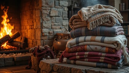 Fototapeta premium Cozy Scene with Warm Blankets Stacked by a Rustic Fireplace