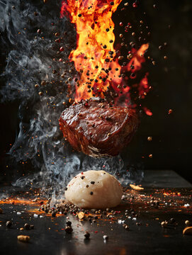 Flaming Steak and Rice Ball