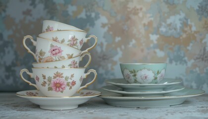 Fototapeta premium Elegant Vintage Teacups and Plates Stack on Textured Background