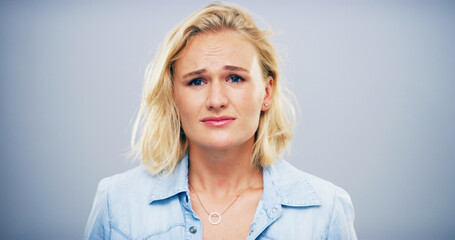 Sad, emotional and woman with heartbreak, studio and crying for loss of relationship, divorce and...