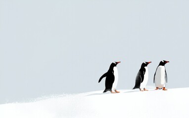 Obraz premium Three Gentoo Penguins Walking on Snow
