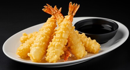 Crispy golden shrimp tempura sits elegantly on a white plate beside a small bowl of dark dipping sauce.. AI Generated