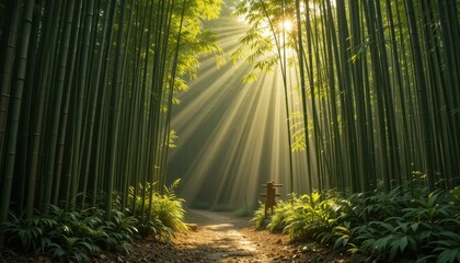 Serene Bamboo Forest with Sunlight Streaming Through Leaves