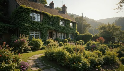 Charming Ivy-Covered Cottage Surrounded by Lush Garden Landscape
