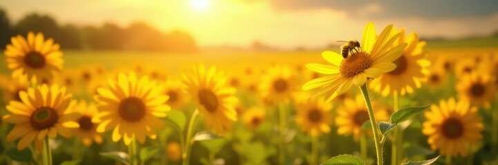 Obraz premium Sun-kissed daisies dance with yellow and orange hues, fields, sunflowers, bees