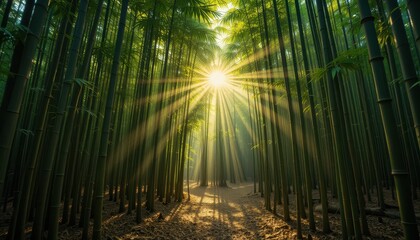 Serene Bamboo Forest with Sunlight Rays Piercing Through Trees