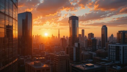 Fototapeta premium Stunning Sunset Over City Skyline with Dramatic Clouds and Light