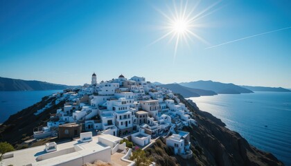 Naklejka premium Scenic View of Santorini Island Under Bright Blue Sky and Sunlight