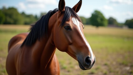 A close-up of a brown horse with a white marking on its forehead, standing in a field.