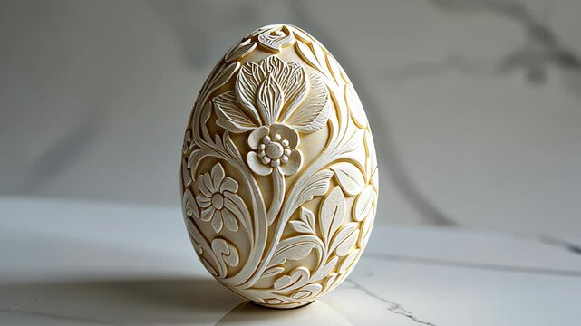  White egg with intricate floral patterns carved into the shell