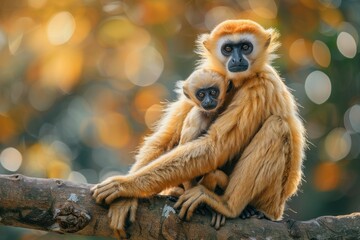Obraz premium Golden Langur Mother and Child on a Branch