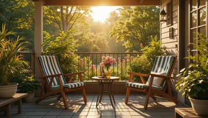 Serene Outdoor Patio with Morning Sunlight and Beautiful Garden