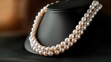Fototapeta premium Elegant pearl necklace displayed on black stand jewelry showcase luxury setting close-up view fashion concept