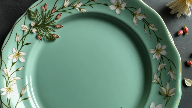  Mint green plate with white flowers and green leaves on a dark surface