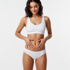 Fototapeta premium young woman wearing white underwear. Young fit woman in white underwear touching belly with two hands on white background.