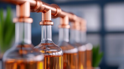 Elegant glass bottles filled with amber liquid, showcasing a modern distillery setup