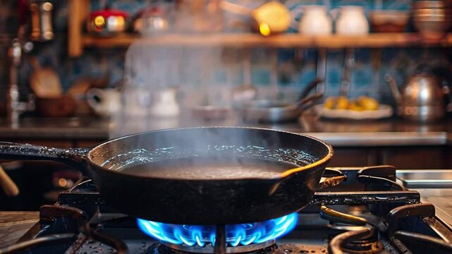 Cook water in a pan with a blue flame burning footage