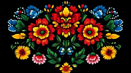Colorful floral arrangement with symmetrical designs on dark background