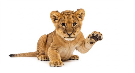Obraz premium Adorable lion cub playfully waves paw against bright white background. AI Generated