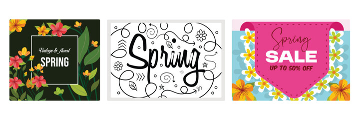 Spring banner with colorful floral motifs. Sale ads with discounts up to 50%.
