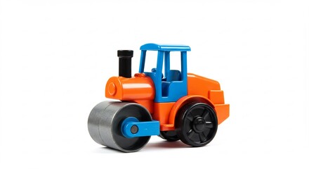 Naklejka premium Brightly colored toy road roller playfully rolls on white background. AI Generated