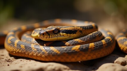 Fototapeta premium A close-up of a king snake with vibrant yellow and black patterns coiled on the ground.
