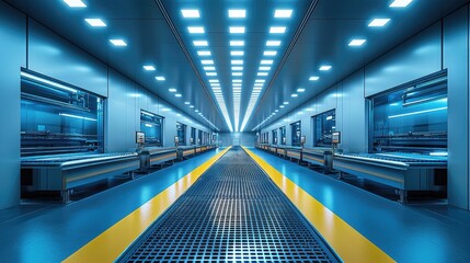 A clean factory setting featuring advanced conveyors in a high-tech food processing line, ensuring safety standards.