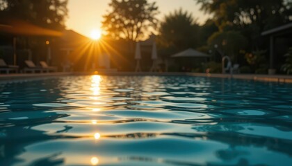 Serene Sunset Over a Tranquil Pool with Reflection and Light Flare
